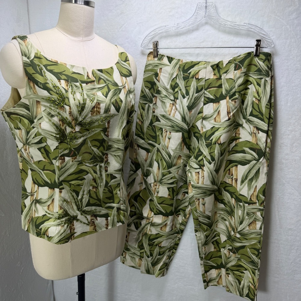 Alfred Dunner Womens 14 NWT 2 Piece Tropical Bamboo Beaded Top & Pants Set Green